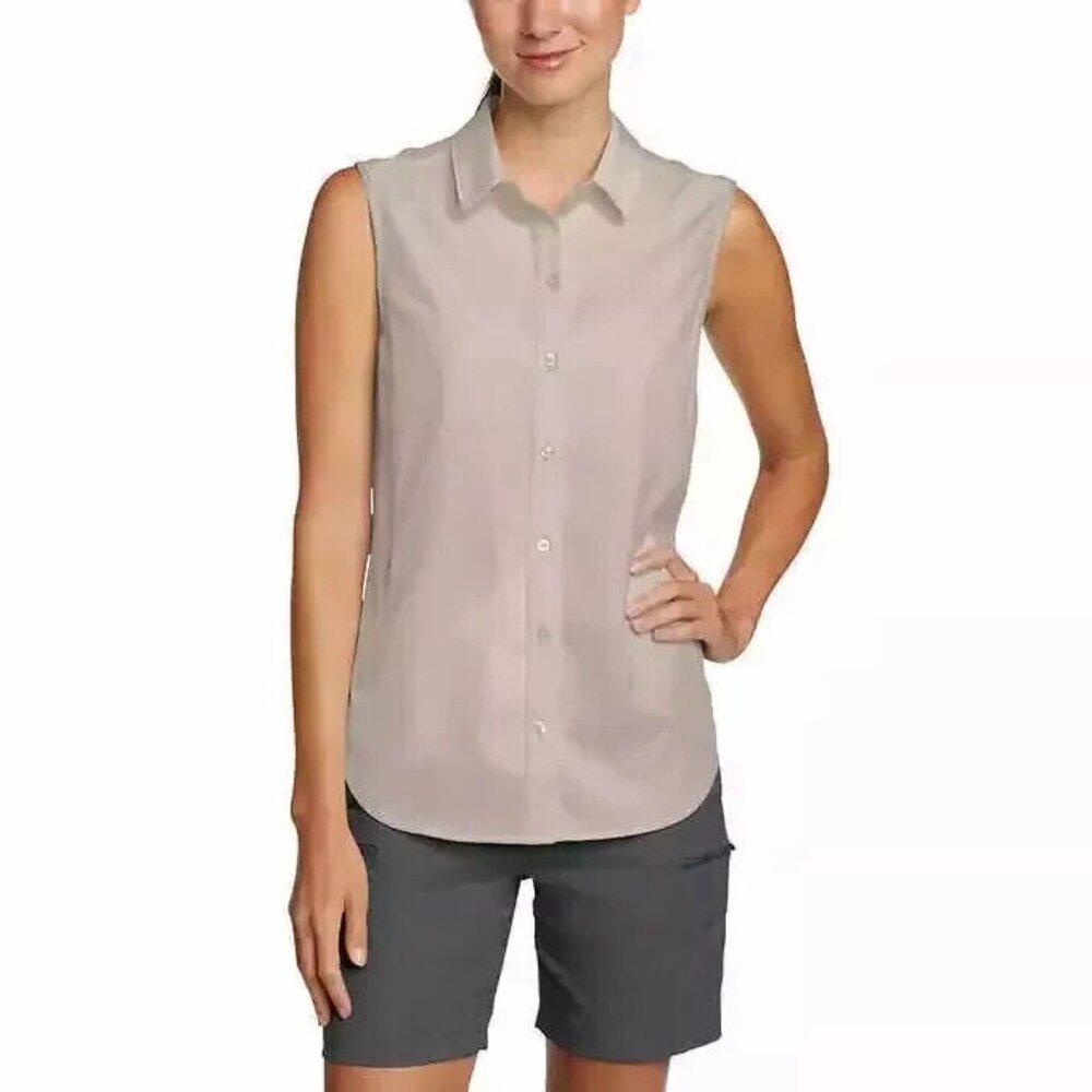 Eddie Bauer Women Plus Size XXL Stretch Gray Button Sleeveless Tech Shirt NWT
